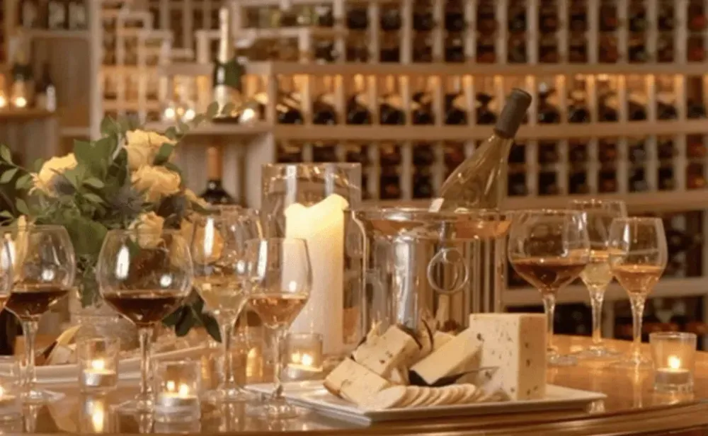 Photo of wine cellar with plated cheese and wine in the foreground